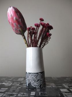 Spaghettio Vase. Porcelain, black slip and clear glaze.  2014
