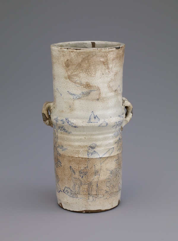 Vase 19th century Edo period Stoneware with white slip and cobalt pigment under ...