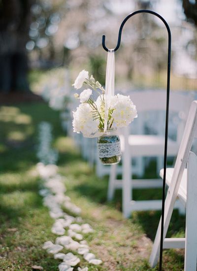 Mason jar aisle adornments with petal runner for your outdoor ceremony #hitched ...