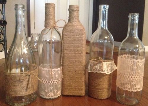 Repurpose old bottles with burlap and lace and fill with stems from Jamie's ...