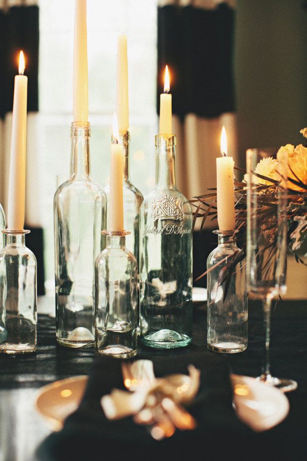 wine bottle candle holders  Photography by rebeccahansenwedd..., Floral Design b...