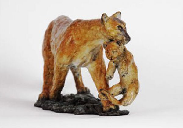 Bronze on bronze base Cats sculpture by artist Cynthia Lewis titled: 'Cougar...
