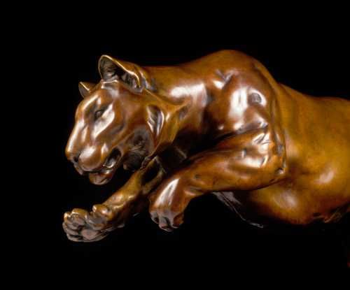 #Bronze #sculpture by #sculptor Nick Bibby titled: 'Tigress (pouncing bronze sta...
