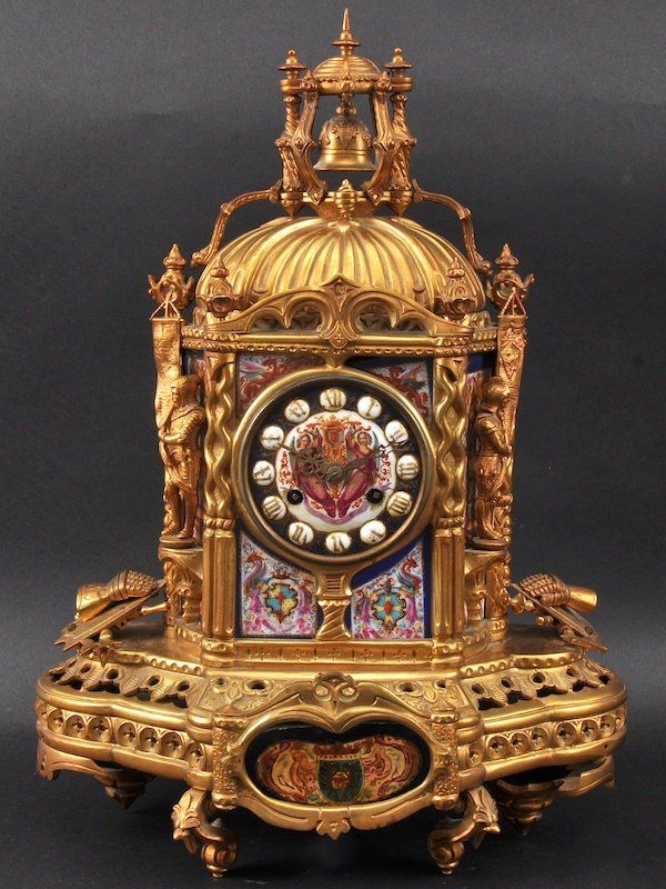 A Good 19th Century French Ormolu And Sevres Porcelain Mantle Clock of Gothic In...