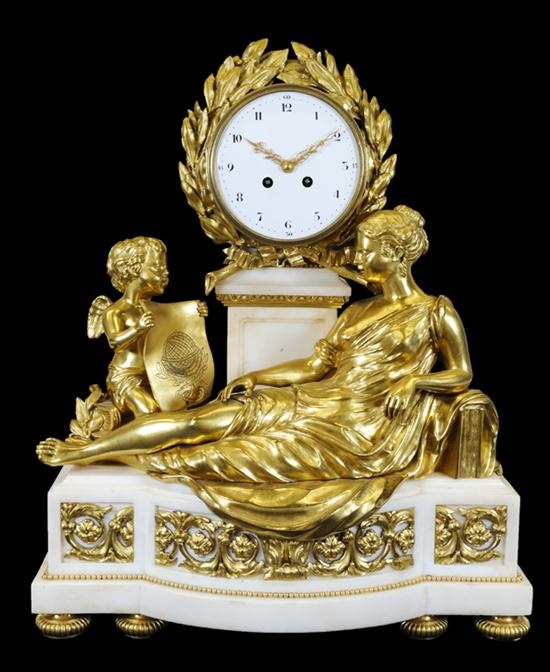 A LOUIS XVI STYLE BRONZE DORE AND MARBLE MANTEL CLOCK 20th Century