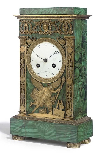 AN EMPIRE MALACHITE AND ORMOLU MANTEL CLOCK EARLY 19TH CENTURY The dial inscribe...
