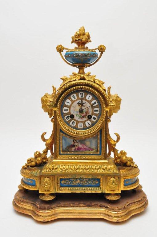 .Antique French Napoleon III ormolu and blue celeste porcelain mantel clock. - G...