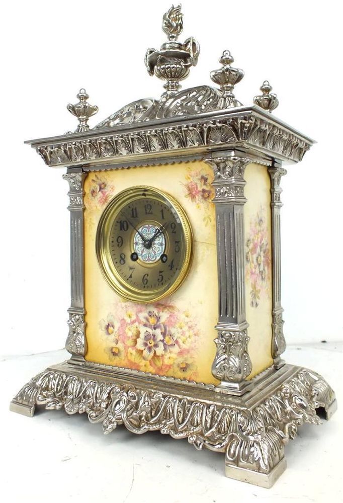 Antique Silver Mantel Clock - 8 day Antique French Sevres Porcelain Clock