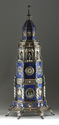 c. 1885 Hermann Boehm, Viennese silver-gilt, champleve enamel and lapis lazuli t...