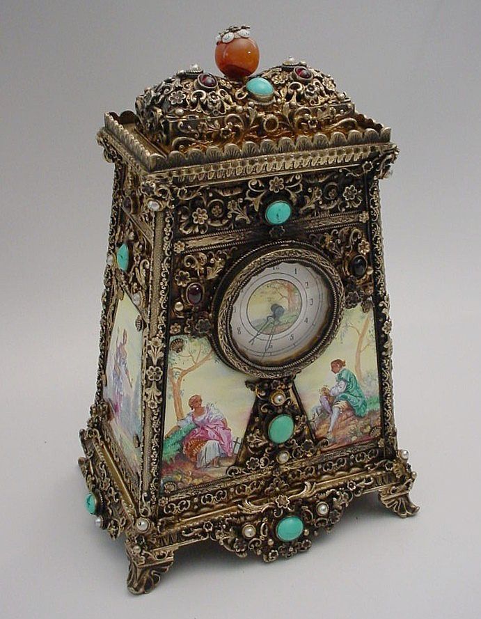 Clock Hourglass Time: Glorious Antique Austrian Silver Jeweled #Clock Music Box.