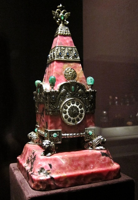 Kremlin Tower Clock, 1913; Rhodonite, silver, enamel, emeralds, sapphires. Peter...