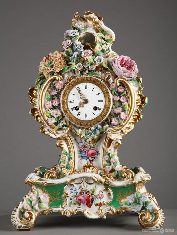 Nineteenth century polychrome porcelain mantle clock decorated with flowers sign...