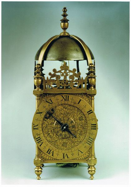 A mid 17th century brass balance wheel striking lantern clock signed above the d...
