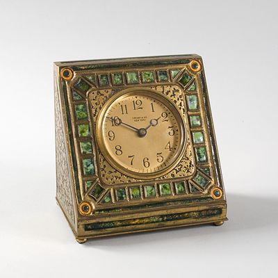 A Tiffany Studios New York gilt bronze and enamel clock, found at Macklowe Galle...
