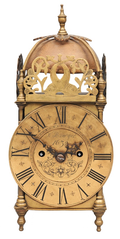 English lantern clock    Brass, brass dial with blackened roman numerals, irons ...