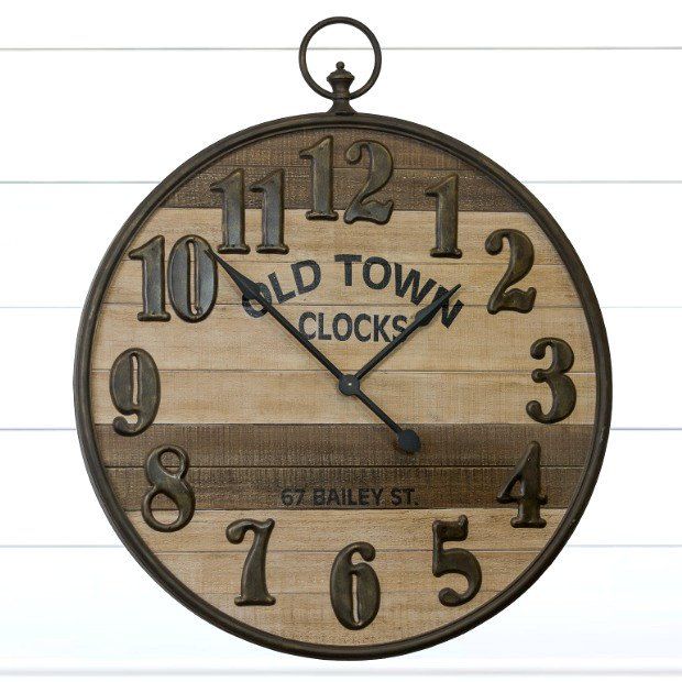 Round Metal and Wood Embossed Number Clock