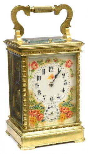 OPERATING FRENCH FLORAL DIAL CARRIAGE CLOCK