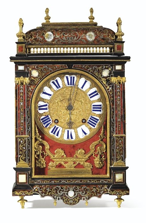 TORTOISESHELL, MOTHER-OF-PEARL, BRASS AND PEWTER MARQUETRY MANTEL CLOCK, LOUIS X...