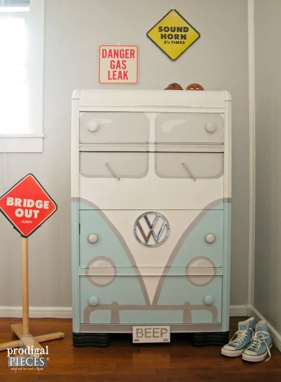 A garage sale freebie Art Deco water dresser gets a sweet Volkswagen Bus makeove...