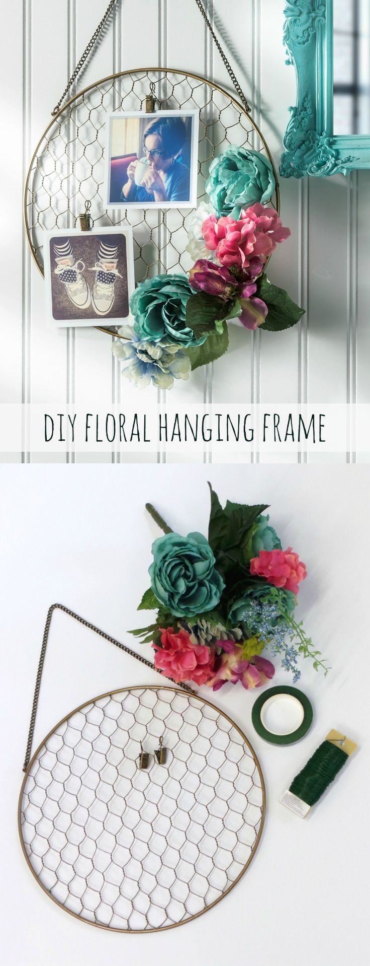 Jazz up a wire hanging photo holder with faux flowers in this unique DIY floral ...