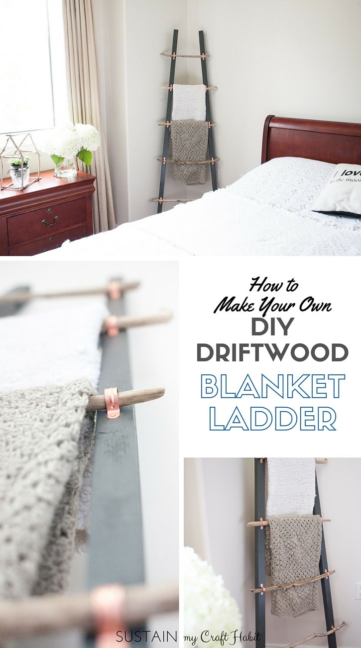 Love this DIY blanket ladder made with driftwood, copper tube clamps and 2x2&#39...