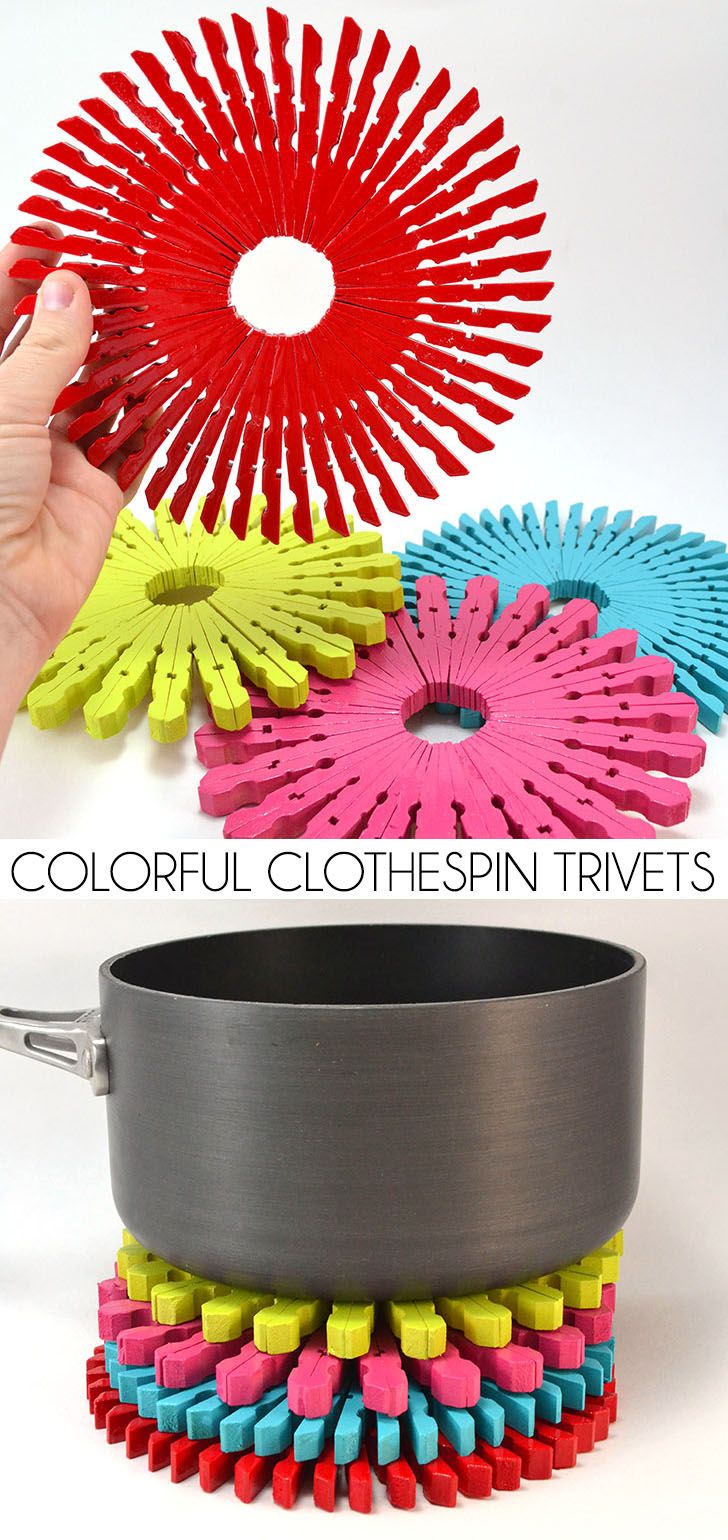Make colorful and inexpensive trivets out of clothespins! Aren't these woode...