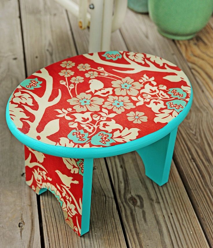 Upcycle a stool with Mod Podge, paint and some cool fabric.