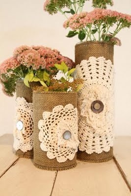 burlap and doily covered vases -...