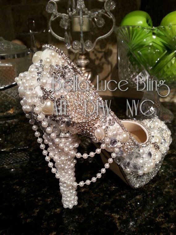 Custom pearl crystal rhinestone wedding bridal formal high heels platforms shoes...