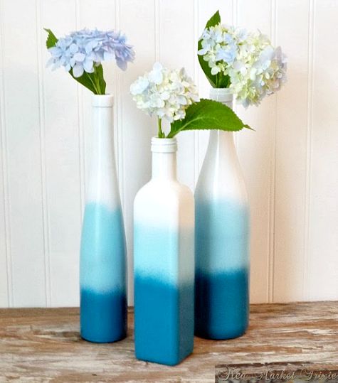 DIY - spray paint wine or other bottles white (let dry), then light blue (let dr...