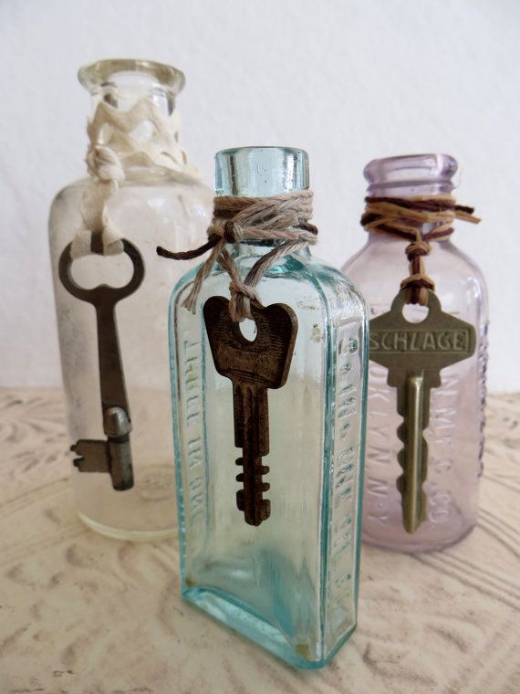 Three Antique Vintage Apothecary Bottles With Skeleton Keys