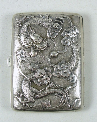ANTIQUE CHINESE STERLING SILVER CIGARETTE CASE w DRAGONS