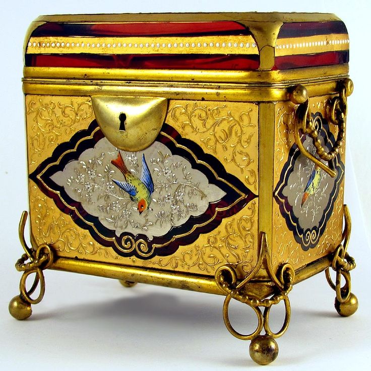 Antique Moser Gilt Enamel Ruby Glass Casket / Box, Birds! Bronze Mounts