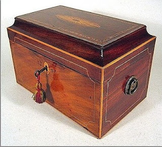 Locked mahogany tea caddy, English inlaid, 1790's. Tea was a precious commod...
