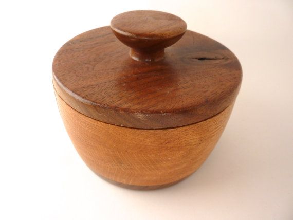 Round Wood Box w/ Walnut Handled Lid Lathe Turned Oak Bowl w/ Lid Treasure Box...