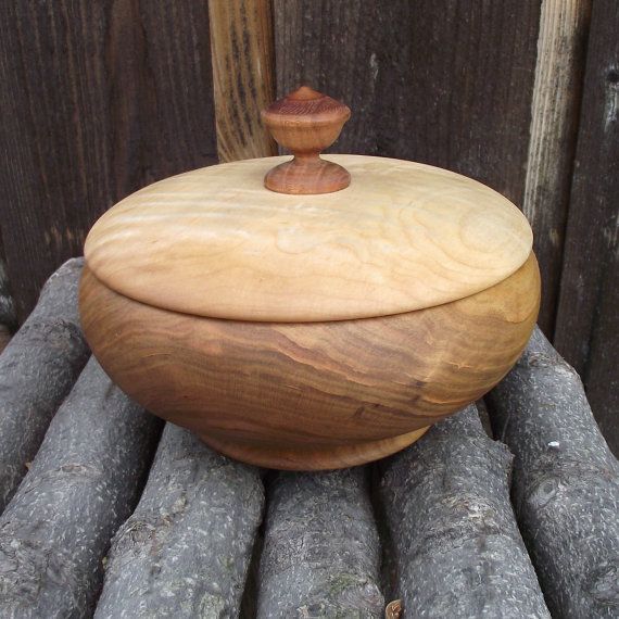 Wood Box with Lid - Hand Turned Lidded Wooden Box - Cherry and Maple Woods Woode...