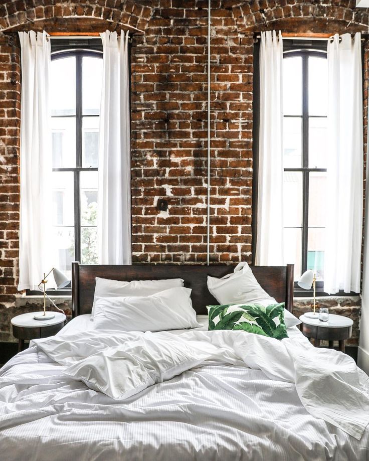 Contemporary Loft Apartment Bedroom Design with Exposed Brick Walls and Large…