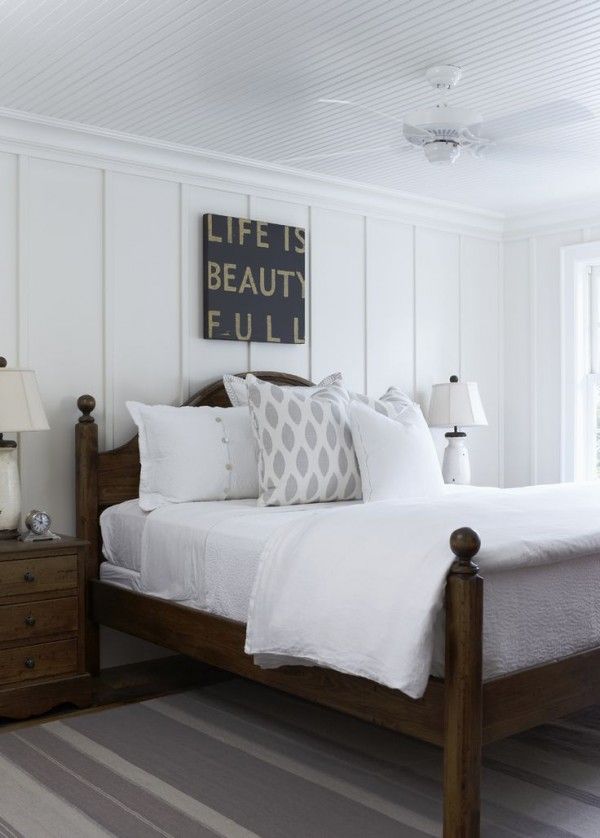{Love this Style} White + Wood Cottage - The Inspired Room Wood strips on wall