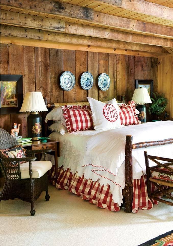 Rustic, cabin, bedroom, red, white