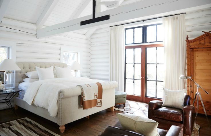 White Hot Home in Sonoma. Very rustic style bedroom in log cabin, white painted ...