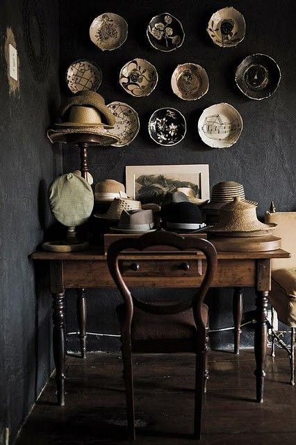 black, plates, hats