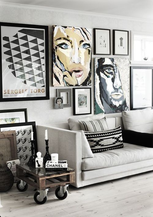 living room, home, decor, decorating, interior, black and white, photo wall, pic...