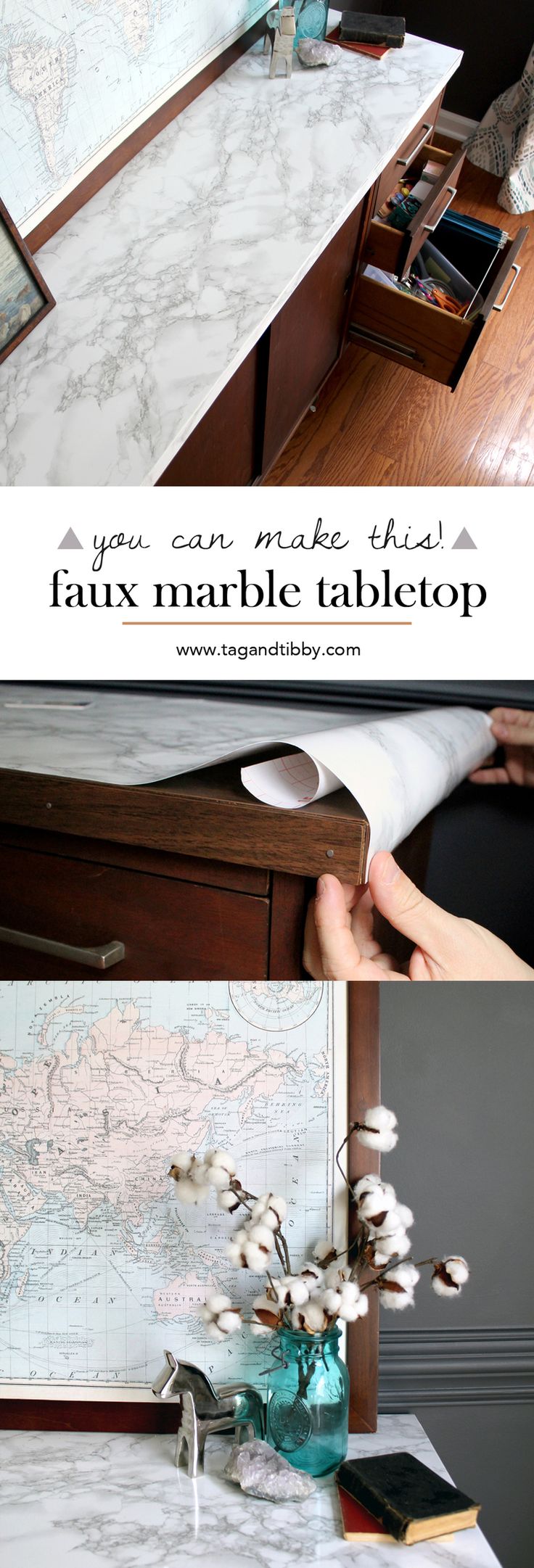 love this idea! make a faux marble tabletop for under $10 via tag&tibby...