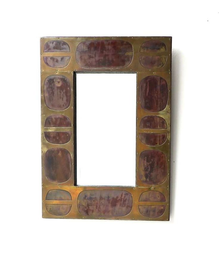 J. Blazy; Patinated Brass, Wood and Glass Wall Mirror, 1960s.