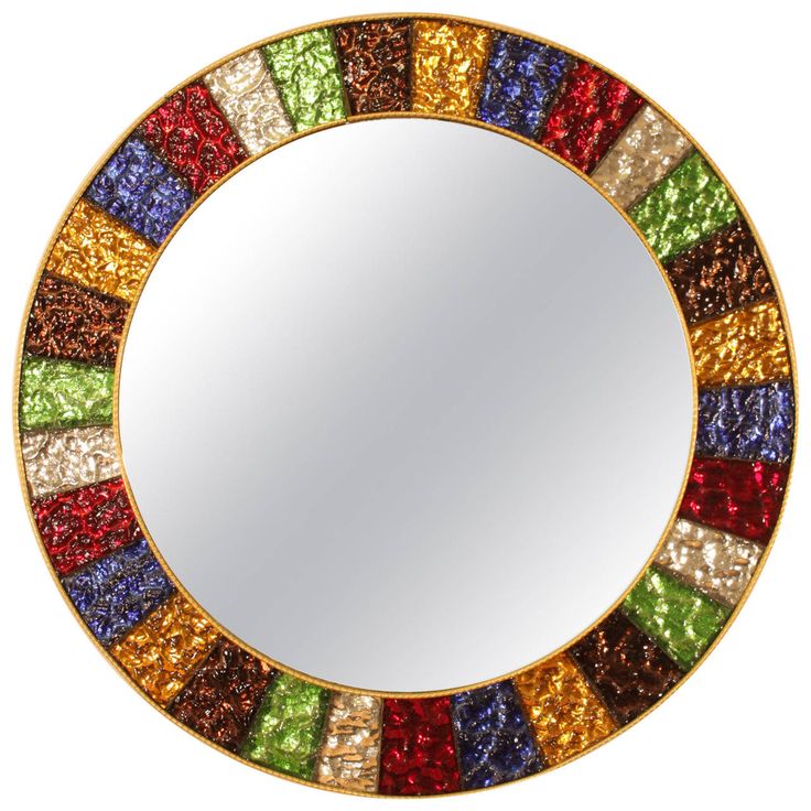 Mid-20th Century Colorful Blue Red Green Gold Glass Framed Circular Mirror