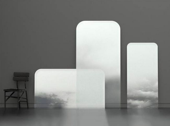 series of mirrors with a haunting background of menacing clouds