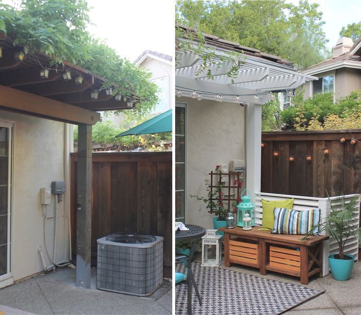 What an amazing makeover! She turned the boring back patio with the A/C unit int...