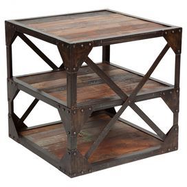 Reclaimed wood plank end table with three tiers and an open X-sided iron frame. ...