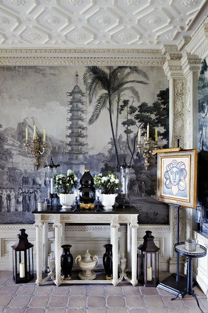 The entry hall with French 18th century wallpaper panels - The floor is made of ...