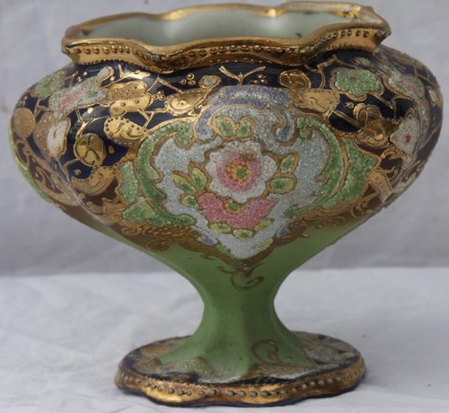 1909 Antique Nippon Coralene Roses Cobalt Heavy Gold Porcelain Pedestal Vase